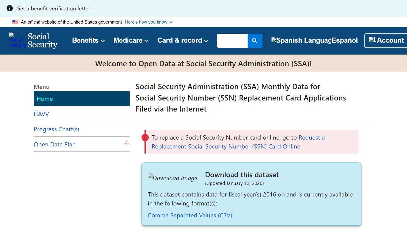 SSA Open Data SSN Replacement Card Applications Filed via the Internet